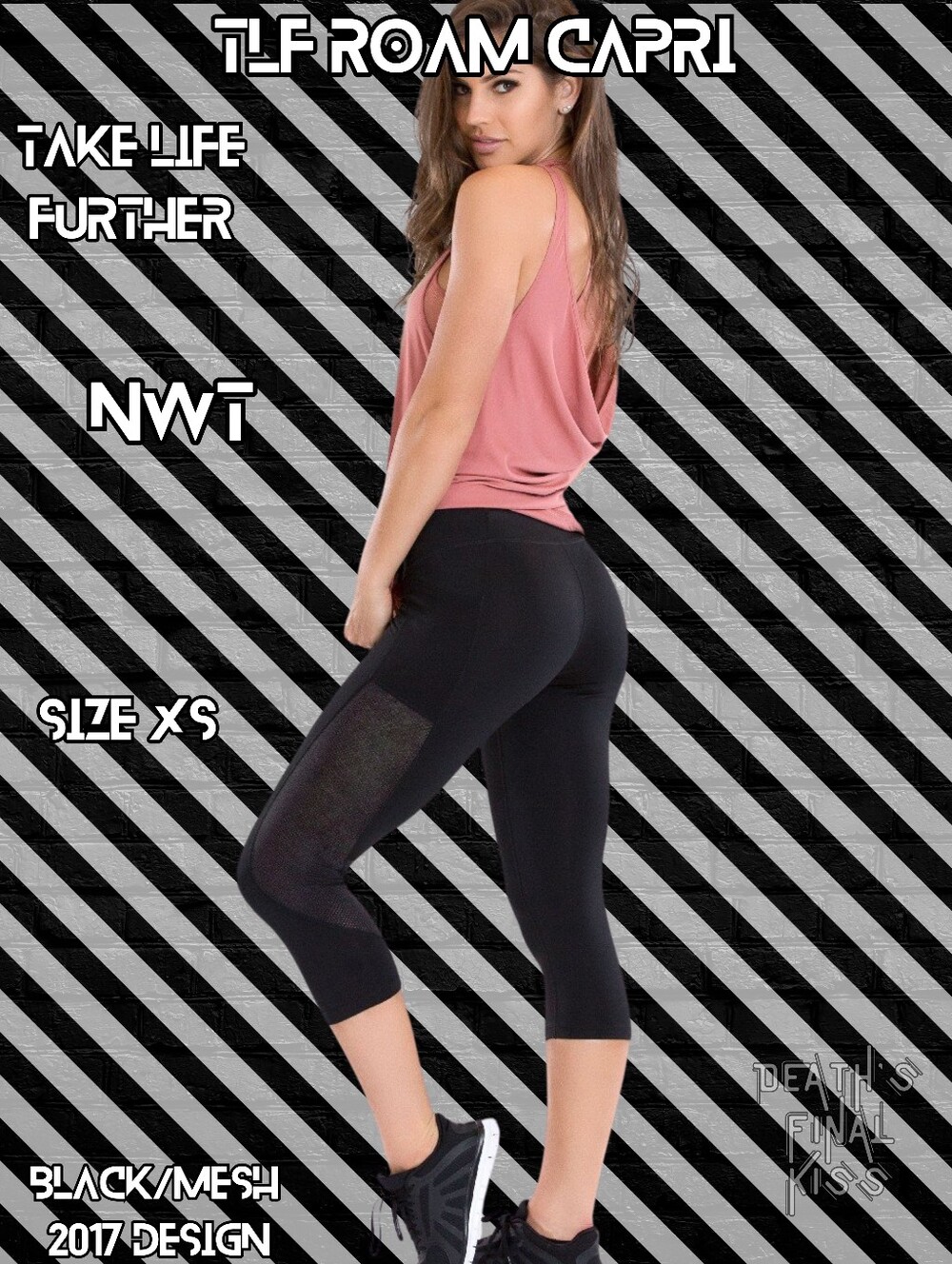 HTF Sexy TLF Take Life Further Roam Capri Leggings Peekaboo Mesh Black Pocket XS